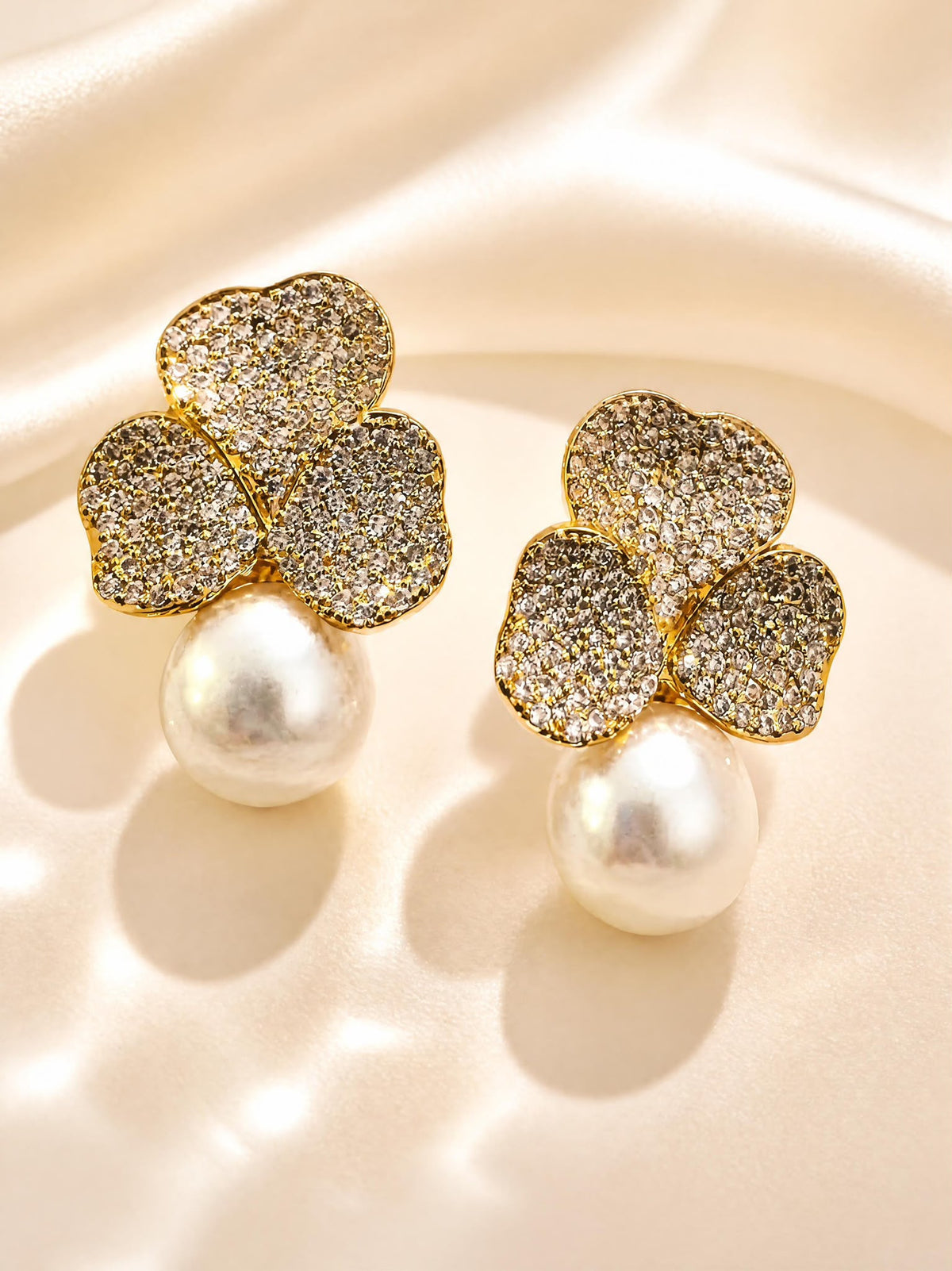 Crystal Three Leaf Pearl Earrings