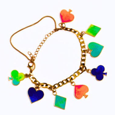 Gold bracelet with colorful heart-shaped charms on a white background